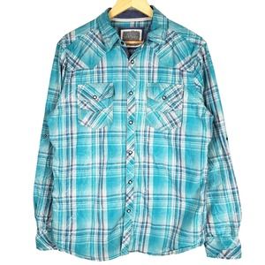 BKE Vintage Standard Fit Pearl Snap Button Shirt Mens Medium Blue Long Sleeves